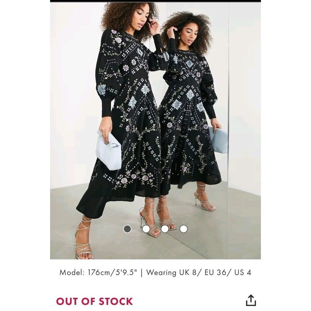ASOS EDITION Geo Floral Embroidered Waisted Midi Dress Black Size 10 UK 6 US